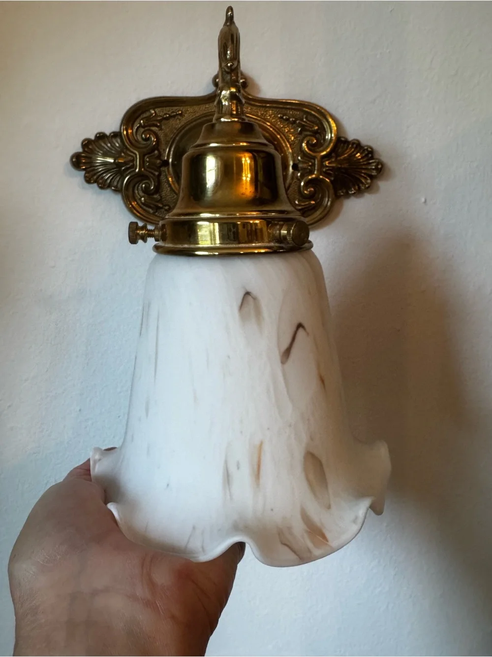 Vintage Brass Wall Sconce with Frosted Swirl Glass Shade